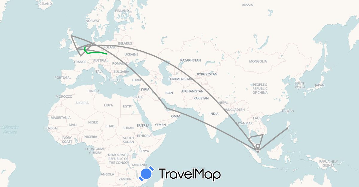 TravelMap itinerary: bus, plane in Belgium, Czech Republic, Germany, France, United Kingdom, Luxembourg, Malaysia, Netherlands, Philippines, Qatar, Singapore, Thailand, Vietnam (Asia, Europe)